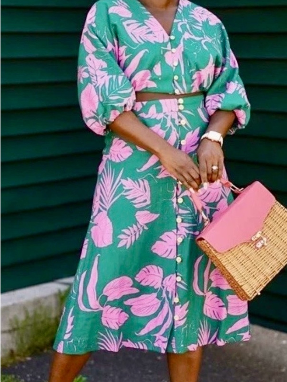 NEW! Maison d’ Amelie Green & Pink linen midi Skirt Set S Small NWT!